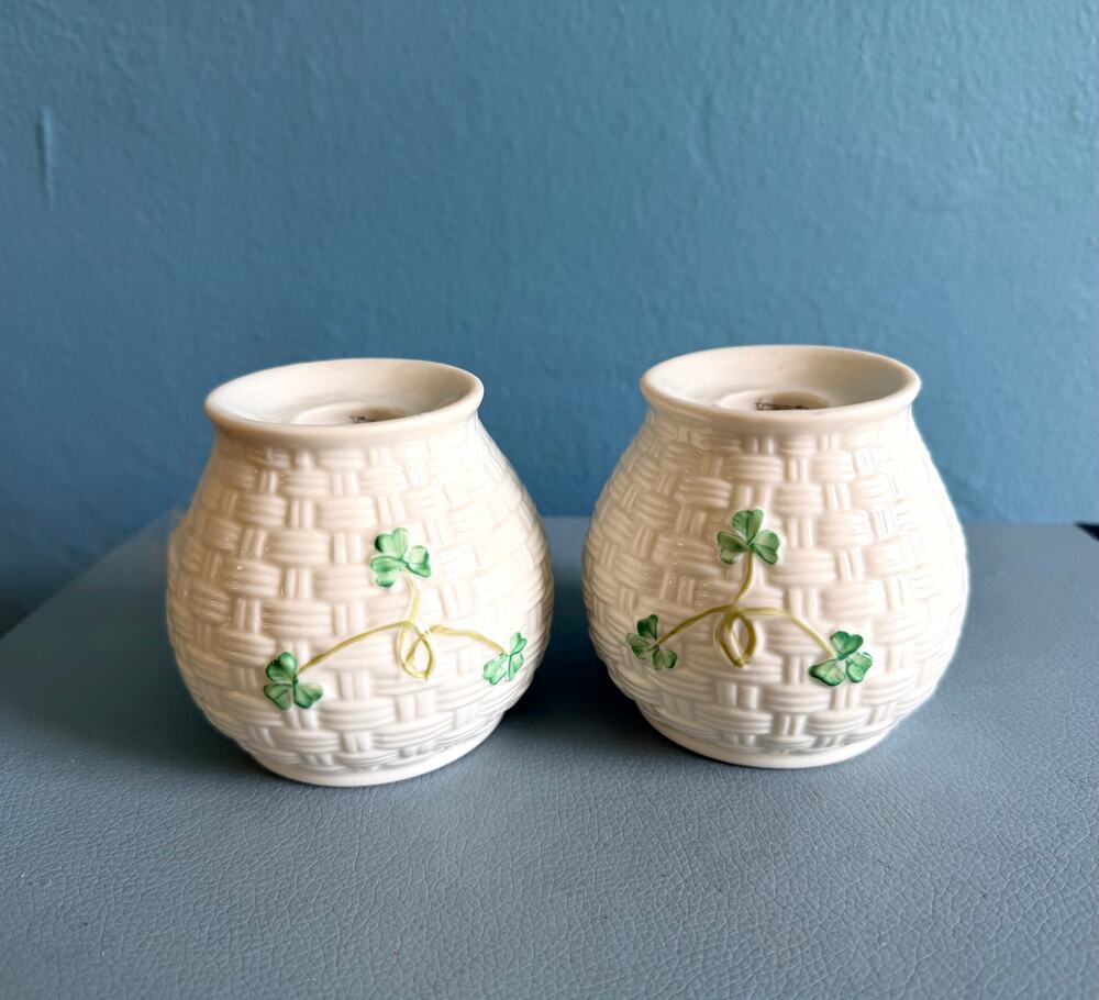 Vintage Belleek Reversible Candlesticks - Shamrock Basketweave Taper Tealight